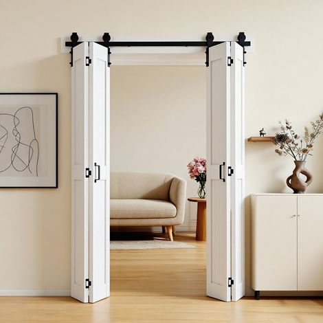 Porte Coulissante Intérieure Double Volets 1524x2134 mm, Porte de Grange Pliante avec Kit Quincaillerie pour Chambre Salon et Garage, Compacte à Structure en H, Panneaux Préassemblés, Blanche (1/5)