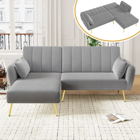 Ecksofa mit Schlaffunktion und verstellbarer Rückenlehne, L-förmiges Schlafsofa aus Samt, Klappsofa mit Seitentaschen, 191,5x130,5x80 cm (1/5)