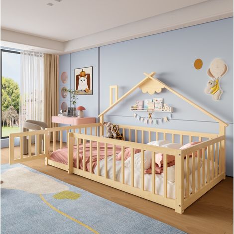 MEUBLIV Lit cabane 90x190 cm naturel – barrière sécurisée, sans matelas (1/5)