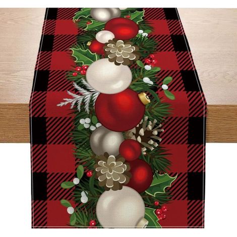 Weihnachtlicher Tischläufer, 33 x 183 cm, rot-schwarzes Büffeltartanmuster, Weihnachtskugel, Tannenzapfen, Tischdekoration für Winterfeiertage und Empfänge zu Hause. (1/4)