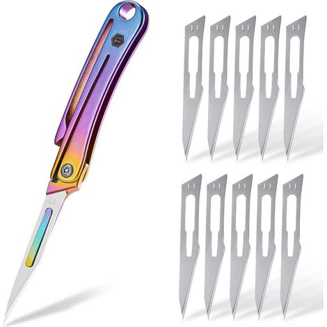 Taschenmesser Skalpell mit 11 Klingen, Titan-Griff, Klappmesser bunt