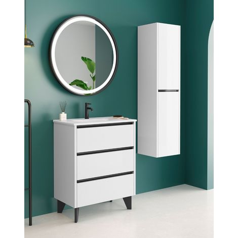 Mueble Baño al Suelo Fondo Reducido con Lavabo Cerámico 3 Cajones 70 cm Blanco Brillo Tirador Negro (1/5)