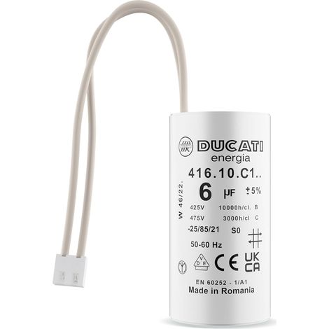 Condensateur 6 uF pour moteur de volet roulant Bubendorff – Tension 425V à 475V AC – Durée de vie 10 000 heures – Installation rapide avec connecteurs