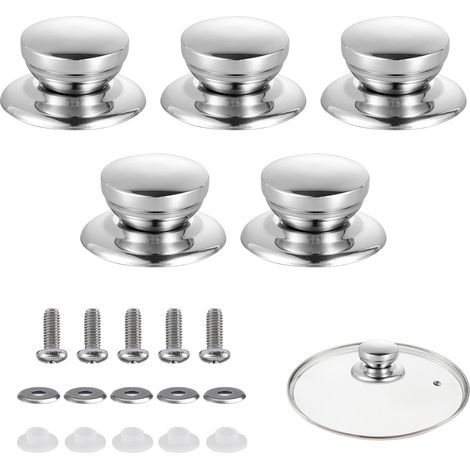 Juego de 5 asas resistentes para tapas de ollas, pomo universal de acero inoxidable, tapas de repuesto para asas de sartenes y utensilios de cocina. (1/5)