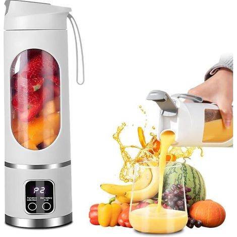 KLVGTIFS PU - Mixeur Smoothie Portable, 450 ML Blender Portable Smoothie, Rechargeable Mini Blender smoothie, avec 12 Lames, Écran LED,Blanc (1/5)