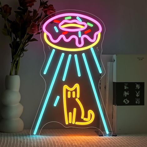 Neon Cat Space Ship Dimmable LED Panel Wall Decor Donuts UFO Space Ship Cat Led Neon Sign Sign Light for Dessert Shop Kitchen Bedroom (1/5)