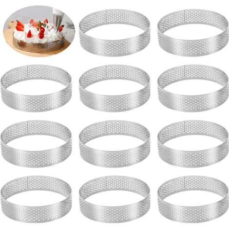 Irovami Lot de 16 cercles à pâtisserie perforés en acier inoxydable 304 de 5 cm (2 pouces), pour la confection de mousses, muffins et sandwichs. Couleur : argenté. (1/5)