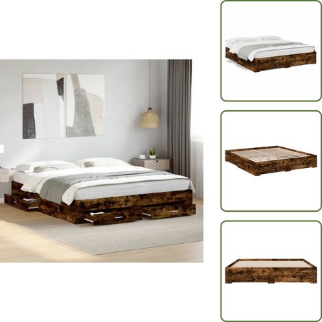 The Living Store Bettgestell mit Schubladen Räuchereiche 180x200cm Holzwerkstoff - Bettesrahmen - Doppelbett - Holzbettrahmen - Holzlattenrost - Schrankbett