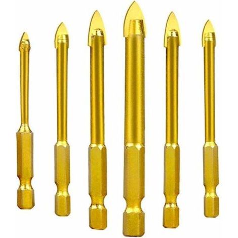 Forets pour Verre, Céramique, Carreaux, Cristal en Acier de Tungstène, avec Queue Hexagonale, Revêtement en Titane, 3mm, 4mm, 5mm, 6mm, 8mm, 10mm, Lot de 6 (1/4)