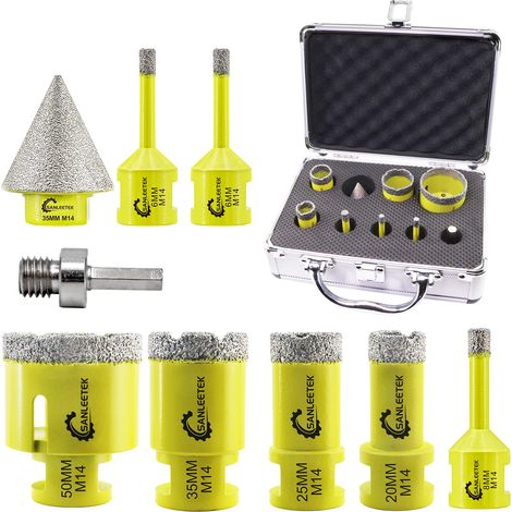Foret Diamant Kit Trepan Carrelage - 9pcs (6/6/8/20/25/35/50mm+35mm Mèches de Chanfrein+Adaptateur) Scie Cloche pour Carrelage Céramique Porcelaine Marbre Granit M14 Filetage (1/5)
