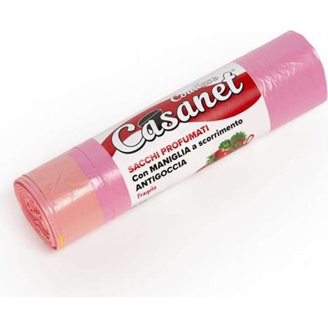 15 sacchi per la spazzatura rosa con maniglia e profumo Fragola 55 x 65 cm