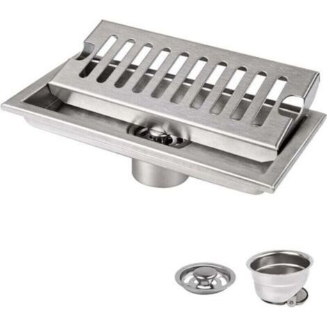 Siphon de Sol, 20 x 10 cm Siphon de Sol Rectangulaire, Argent Siphon de Sol avec Grille en Acier Inoxydable, Convient pour WC, Salle de Bain, Cuisine, Balcon