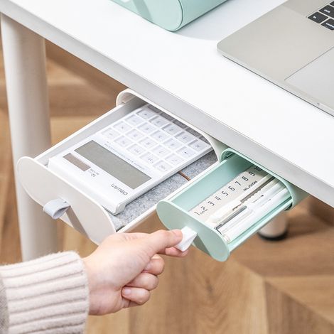 BEBUSINGOTO Caja de almacenamiento con cajón de 2 piezas, bandeja autoadhesiva para lápices, soporte para bolígrafos, cajón de almacenamiento oculto debajo del escritorio, caja organizadora para el ho (1/5)