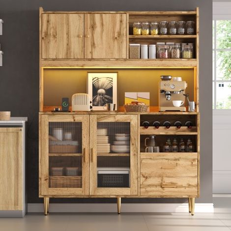 Meuble Haut de Cuisine 130 x 40 x 172 cm avec Éclairage LED RGB et Prises Intégrées, Armoire de Rangement avec Compartiments à Bouteilles de Vin et Étagères Coulissantes, MDF (1/5)
