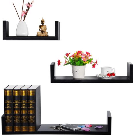 WOLTU Wandregal Schweberegal U Form CD DVD Regal Bücherregal 3er Set Hängeregal 30cm/45cm/60cm Breit schwarz (1/5)