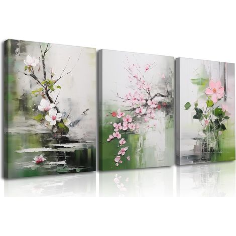 Peinture Art Mural En Toile De Fleurs, Vert Tableau Sur Toile, Impression Sur Toile Printemps, Facile à Accrocher Pour Chambre à Coucher Salon Entrée Hall d'Entrée, 3 Panneaux 30x40cm (90x40 cm) (1/5)
