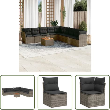 The Living Store 10-tlg. Garten-Sofagarnitur mit Kissen Grau Poly Rattan - Gartenmöbel Set - PE-Rattan Möbel - Outdoor Sofa - Esstisch - Lounge Garnitur (1/5)