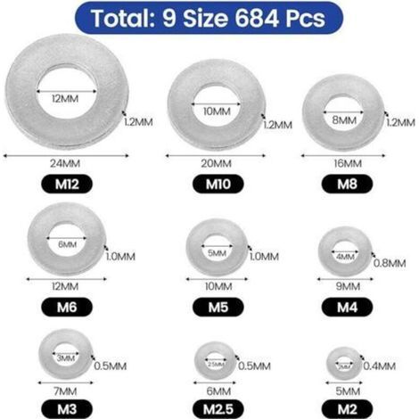 BASVII 684 Pièces Inox Rondelles Plates Metal, pour Gonds de Porte, 9 Tailles Rondelles Acier Inoxydabl 304 - M2 M2.5 M3 M4 M5 M6 M8 M10 M12 Rondelle Carrossier Inox