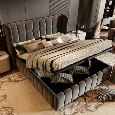 Lit double capitonné 180x200 lin gris sommier ressorts rangement pneumatique chambre ado (sans Matelas) (1/5)