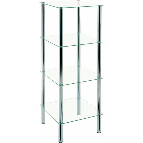 Etagère salle de bain en Tube d'acier Chromé Verre trempé - L39 x P39 x H107 cm