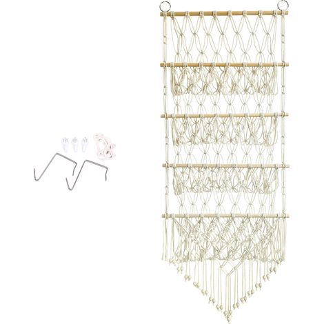 Supporto per bambole a 4 livelli, con asta in legno e rete intrecciata, organizer per peluche, da appendere a parete o porta, modello 1, 130x52 cm, beige. (1/4)