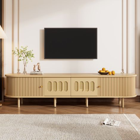 Meuble TV ovale aspect bois naturel,Meuble télé avec rangements,2 Tiroirs et porte coulissante à lamelles,Structure MDF,180x40x40cm (1/5)
