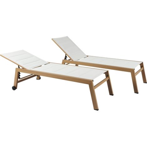 Lot de 2 bains de soleil effet bois inclinable avec roues blanc