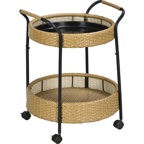 Chariot de service rond en rotin avec 2 étagères, Ø50 x 66 cm, cadre en métal pour usage intérieur et extérieur (1/5)
