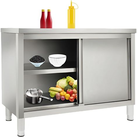 Table de travail de cuisine en acier inoxydable avec portes coulissantes 120 x 50 x 86 cm, hauteur réglable 5-20 cm, Armoire gastronomique en acier inoxydable, pour cuisine, restaurant, garage
