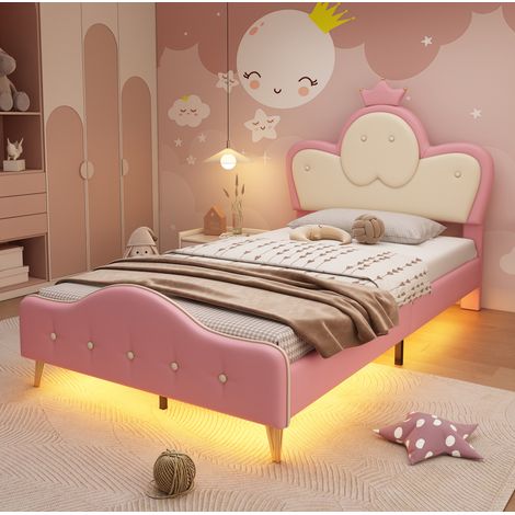 Bett Kinderbett LED 90x200 Polsterbett PU Rosa OKMYHOME (1/5)