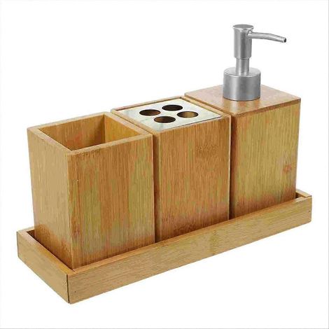ensemble d'accessoires de salle de bain en bambou, kit de bain lavable, porte-brosse à dents, distributeur de savon, flacons de shampoing (1/5)