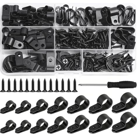 245 Pièces R Nylon Câble Plastique Clip de Montage, 7 Tailles Clips Cable De Type R, R-Type Attache de Câble Pince de Fil avec Vis et Tournevis, Pour Câbles Électriques, Serre-Fils (Noir) (1/5)
