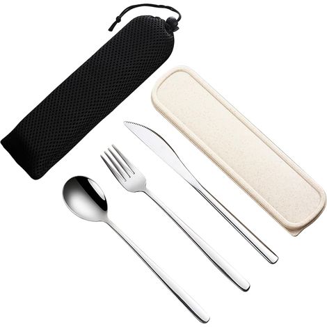 Ensemble de 3 ustensiles de voyage portables en acier inoxydable 18/8 avec étui : fourchette, cuillère, couteau réutilisables. (1/5)