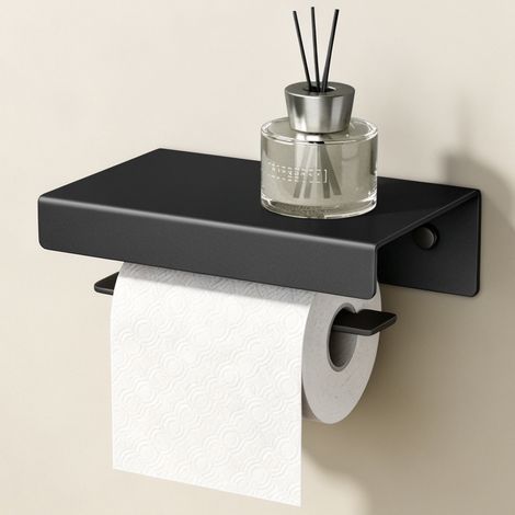 doporro Toilettenpapierhalter mit Ablage, Klopapierhalter aus Aluminium zur Wandmontage, WC Papier Halterung mit L-förmigen Haken, Klorollenhalter für Badezimmer Sandschwarz Lino-05