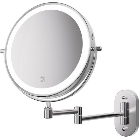 Specchio da trucco a LED da parete da 8 pollici – specchio cosmetico rotondo a doppia faccia con braccio orientabile a 360°, estensibile, ingrandimento 1x/30x, 3 tonalità di luce dimmerabili (1/5)