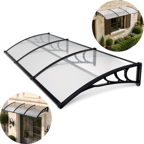 TolleTour Tettoia per porta esterna 300 x 100 cm, policarbonato 5 mm, grondaia di scarico, supporti ABS neri, copertura trasparente (1/5)