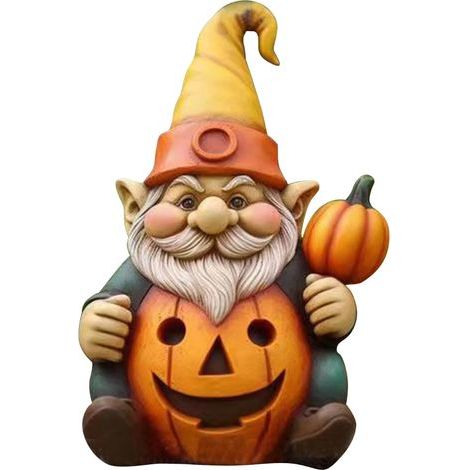 Décorations d'Halloween, statue de nain citrouille d'extérieur en résine avec lumière, figurine naine de jardin d'automne étanche pour bibliothèque intérieure, cour, patio, décoration de Thanksgiving (1/5)