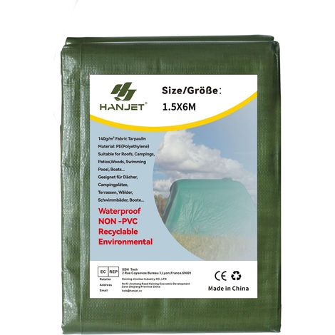Bâche extérieure en polyéthylène 140 g/m² robuste, vert, bâche de protection imperméable pour cour, toit, tente, piscine, bâche multi-usages (1,5 x 6 m) (1/5)