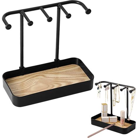 Soporte organizador de metal negro para joyas con bandeja de madera, estante para exhibir collares y ganchos para llaves y anillos. (1/5)