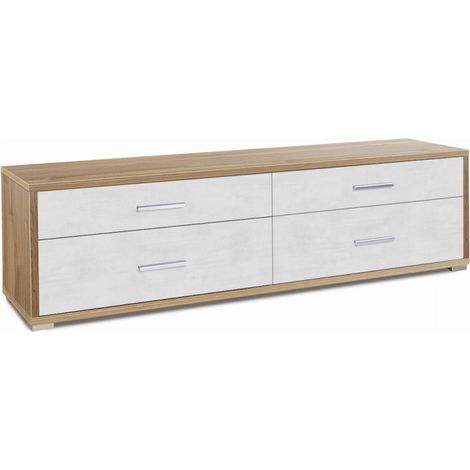 Meuble à 4 tiroirs 179L x 47P x H50 – Finition noyer et blanc mat – Sarmog (1/2)