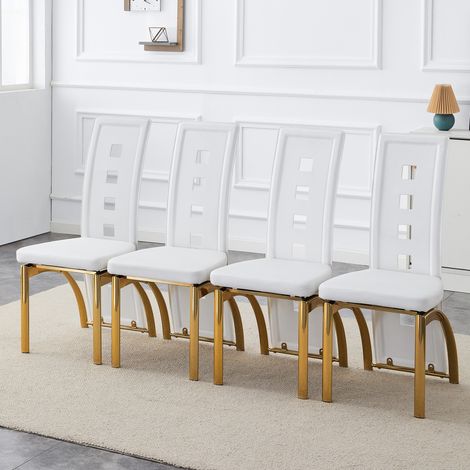 [Ensemble de 4] Chaises de salle à manger de design européen avec motif perforé, cuir PU blanc mat + pieds en métal doré brillant, 102,5 cm de hauteur, pour salle à manger ou salon moderne. (1/5)