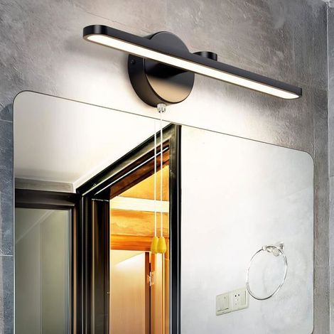 BelleRise - Applique murale LED 12W en aluminium 40CM pour salle de bain, Lampe de miroir avec interrupteur à tirette (noir mat). (1/5)