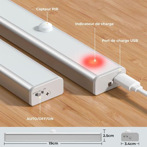2 pezzi Luce per armadio con sensore di movimento wireless, luce per armadio con sensore ricaricabile tramite USB, striscia magnetica adesiva, 10 LED per scale/camera da letto/armadio (1/4)