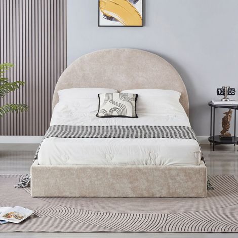 Lit coffre 140x190 beige tête de lit arrondie sommier inclus (1/4)