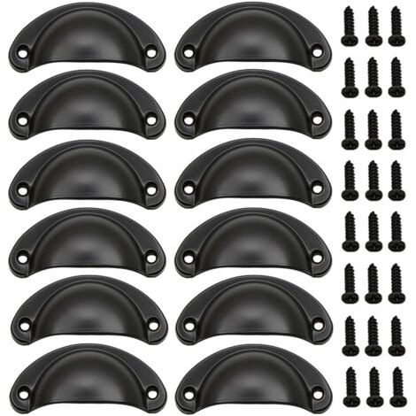 (Noir) Lot de 12 poignées coquillage vintage, poignées de porte en fer vintage avec vis pour meubles, commodes et armoires de cuisine (1/5)