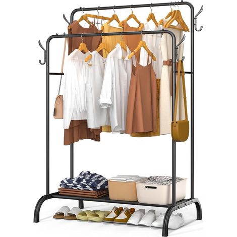 TrAdE Shop Traesio - Stand Appendiabiti Attaccapanni Con Doppia Barra Ripiano Ganci Laterali In Metallo 73207 - Nero (1/5)