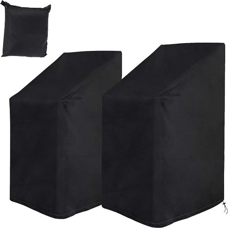 Housse de Protection pour Chaises de Jardin, Lot de 2, Imperméable et Résistante au Vent, Anti-UV, avec Corde et Boucle, Couvre-Siège Empilable, Taille Universelle, Noir (1/5)