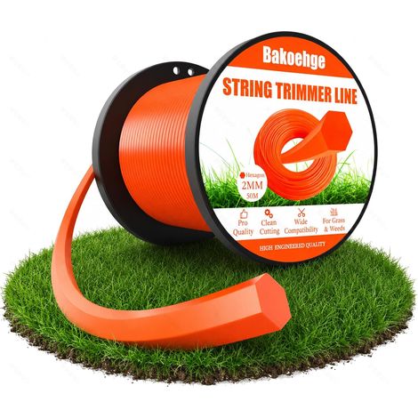 Fil Débroussailleuse 2 mm x 50 m, Profil 6 Pans pour Coupe-Bordure Fil coupe-bordure orange à profil hexagonal, fil de coupe et de rechange pour gazon, bordures et mauvaises herbes, 2mm x 50 m (1/5)