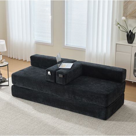 Sofá modular de chenilla negra 198x79x60 cm con bolsillos laterales y base antideslizante - CHICFURN (1/5)