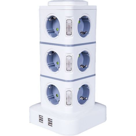 Multiprise Verticale 12 Prises avec 4 Ports USB, Parafoudre, Câble 3m, 2500W/10A, Bloc d'Alimentation pour Maison et Bureau (1/5)